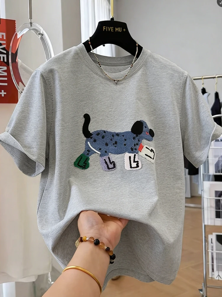 

Women T-Shirts Loose Streetwear Unisex Fun Dog Embroidered Short Sleeve Cotton Girl Tees Female Top Summer 2026