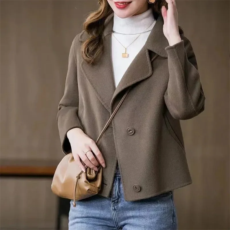 

Spring Autumn Female Short Double Sided Outwear 2024 Women Long Sleeves Woolen Coat Ladies Fashion Solid Color Wool Blend Jacket