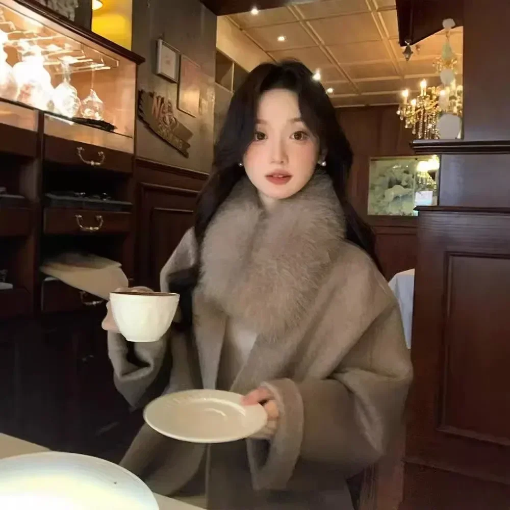 الراقية الوجهين سترة الكشمير المعنقة المرأة معطف فرو الثعلب الحقيقي الإناث الصوف سترة 2024 الخريف الشتاء جديد فضفاض معطف الصوف سيدة