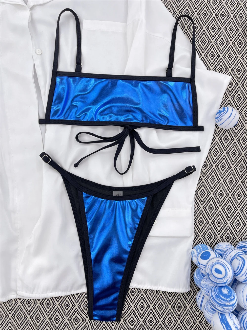 

Sexy Shiny Blue Bikini Extreme String Backless Swimsuit Push Up Vacation Swimwear Women Goth Beach Outfit Tanga Set Bathing Suit