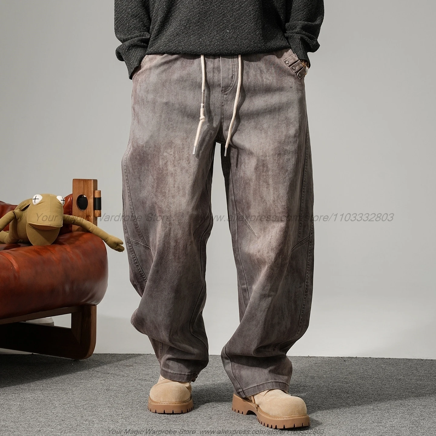 Fall 2026 Vintage Distressed Post-Apocalyptic Wasteland Style Overalls Men's Straight Loose Drawstring Wide-Leg Pants