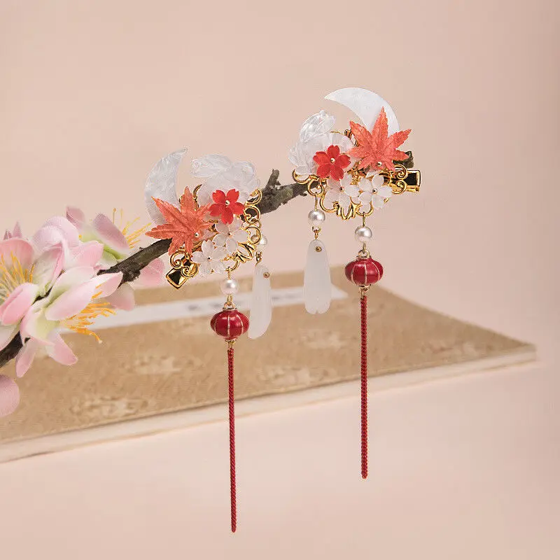 Autumn Winter Red Ancient Chinese Hair Clip with Cute Rabbit Lantern Tassel Maple Leaf for Girls Traditional Festival Accessory
