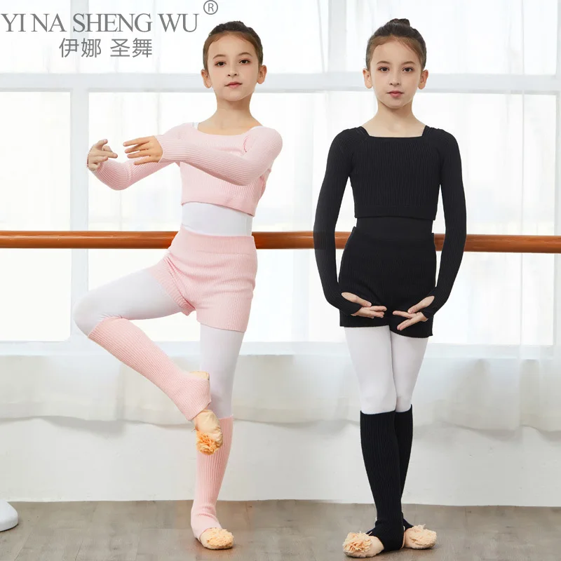 Ballet Dance Gymnastics Wear Kids Girls\' Top Combo With Booty Shorts Knitted Leg Warmer Long Sleeve Pull Over Sweater Winter