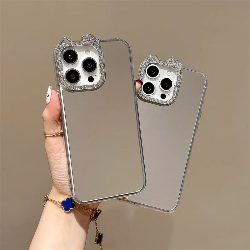 

Простая прозрачная зеркальная поверхность в горошек с бриллиантовой рамкой kt подходит для телефона 15, 14, 12, 13, 16, 12 pro, противоизносный чехол для ПК