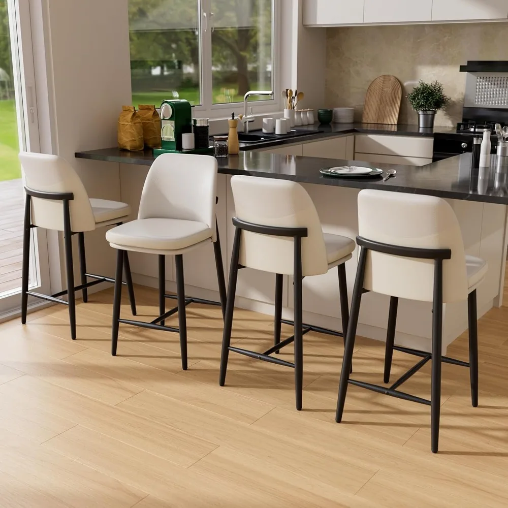Bar Tabureleri 4'lü Set, Döşemeli Tezgah Yüksekliği Bar Tabureleri, Sırtlı 26 İnç Modern Tezgah Tabureleri, Dokulu Deri ve Kumaş.