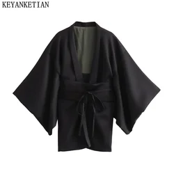 KEYANKETIAN autunno/inverno nuove donne decorazione della vita Kimono capispalla trama setosa Top Oversize manica a tromba camicetta Tuniek