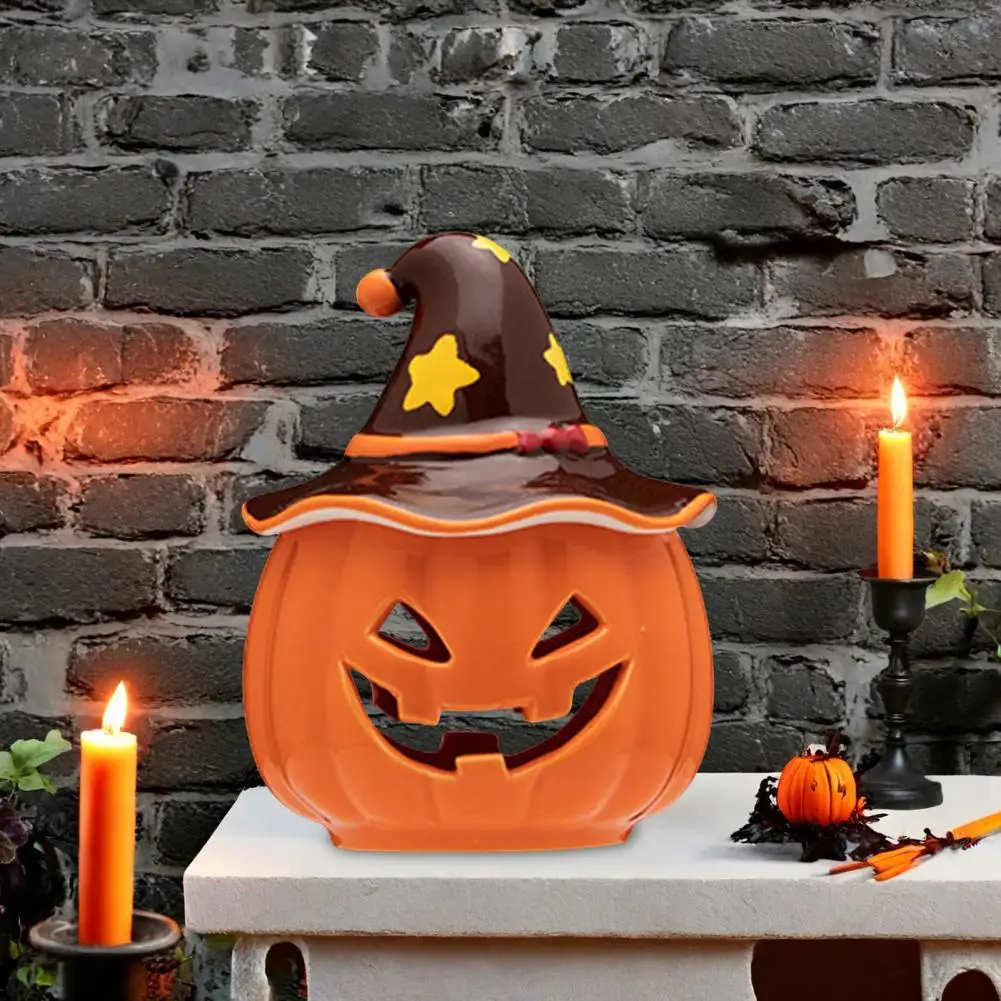 Spooky Halloween Pumpkin Candle Holder Ceramic Tea Light Holder with Vintage Skull Figurine for Home Table Decor