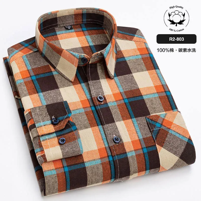 6XL Autumn/Winter 100% cotton Men\'s Long Sleeve Shirt Flannel Plaid Business Casual no-iron Plus size slim-fit Social