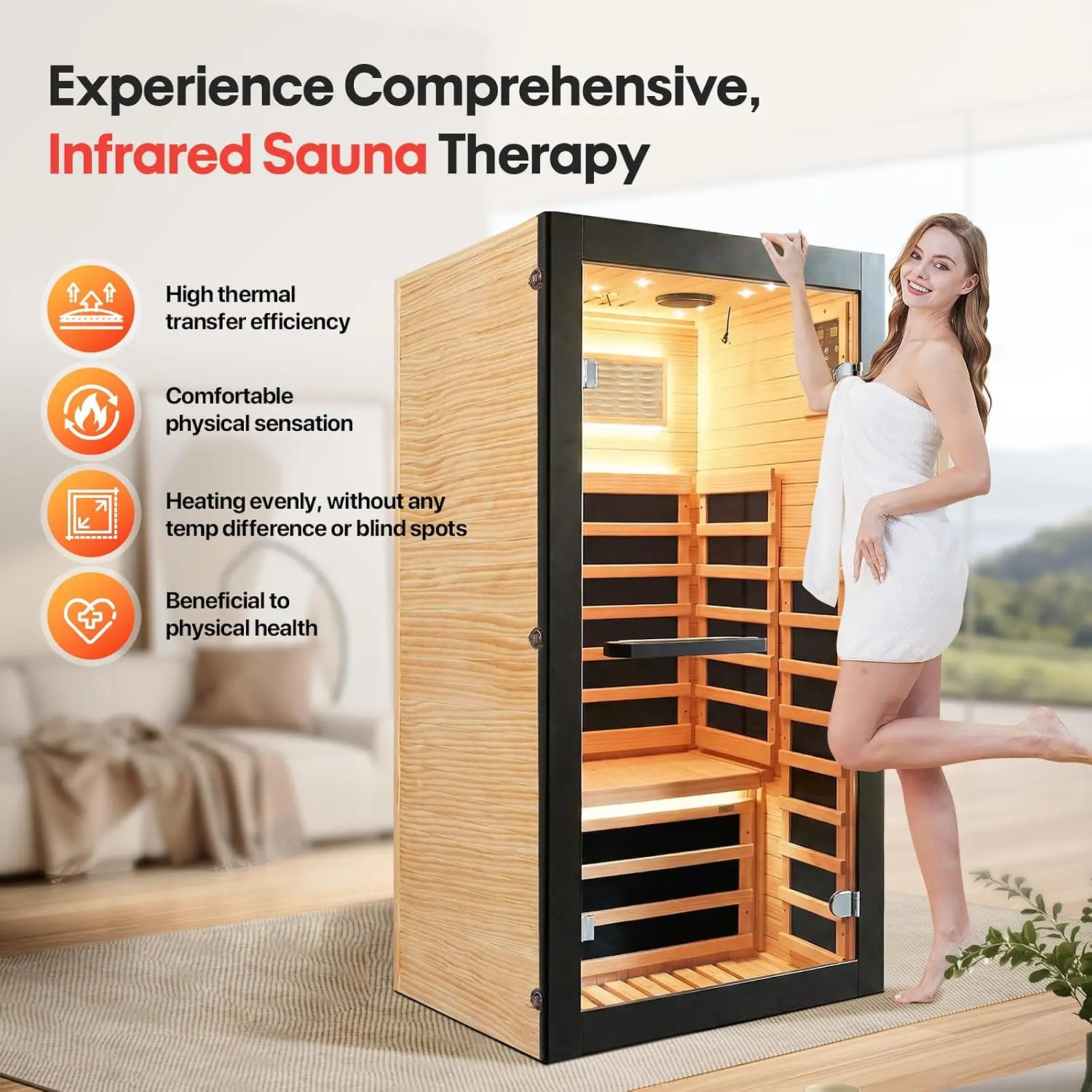 Far Infrared Sauna Room Single Person Chilean Pine Wood 1050W, Custom