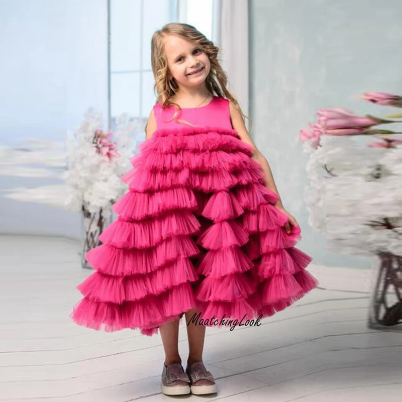 

Pretty Mesh A Line Flower Girl Dress Extra Puffy Ruffles Tiered Tulle Kids Party Dresses Cute Sleeveless Tutu Pageant Gowns