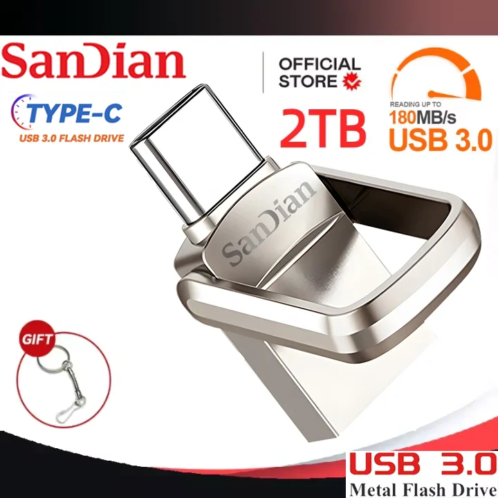 Flash Drive USB 2TB 1TB, memori stik kunci eksternal USB 3.0, Thumb Drive Tipe C untuk IPhone IPad Tablet PC