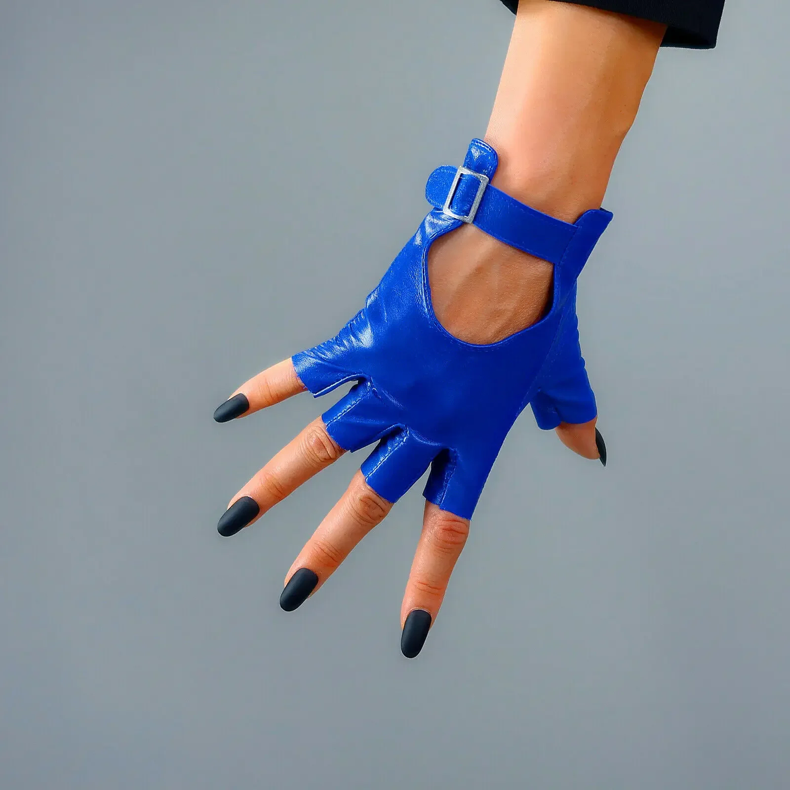 REAL LEATHER Fingerless Gloves Blue Half Finger Genuine Lambskin Sheepskin Buckle Closure Fashion Club Wrist Short Driving Glove