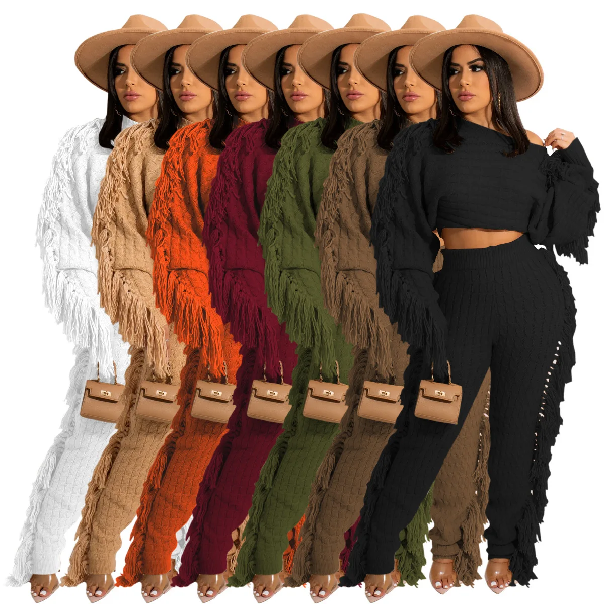 Women Winter 2pcs Suit Long Sleeve Short Top And High Waist Knitted Pencil Pants Set Casual Solid Color Knit Tassel Fringe Suit