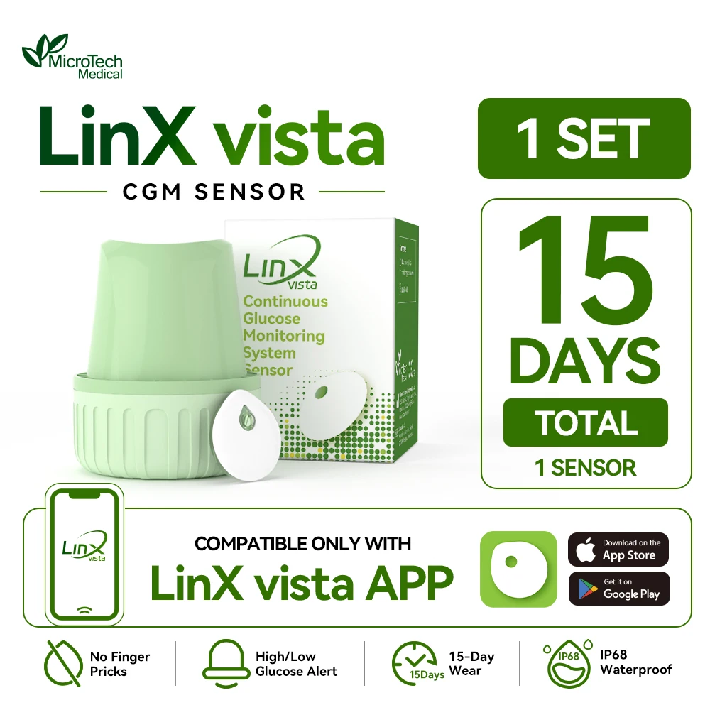 Monitor de Glicose Contínuo MicroTech LinX Vista CGM de 15 Dias com Monitoramento de Glicose no Sangue em Tempo Real 24/7 para Gestão de Diabetes