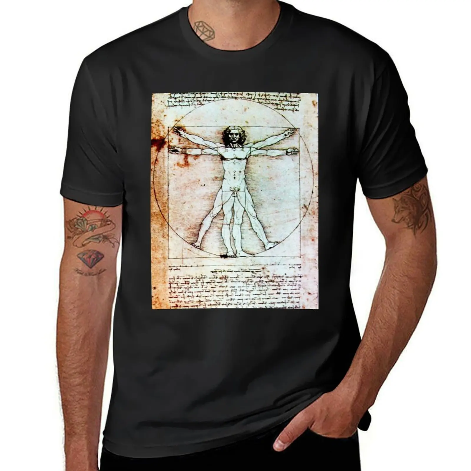 VITRUVIAN MAN Leonardo Da Vinci Handwriting Antique Parchment T-Shirt vintage clothes summer tops t shirts for men pack