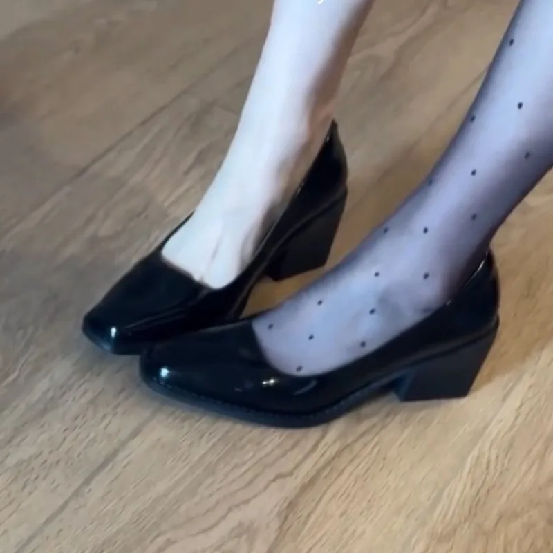 Patent Leather French Non-tired High Heels for Women 2026 New Square Toe Slip-on Thick Heel Shoes