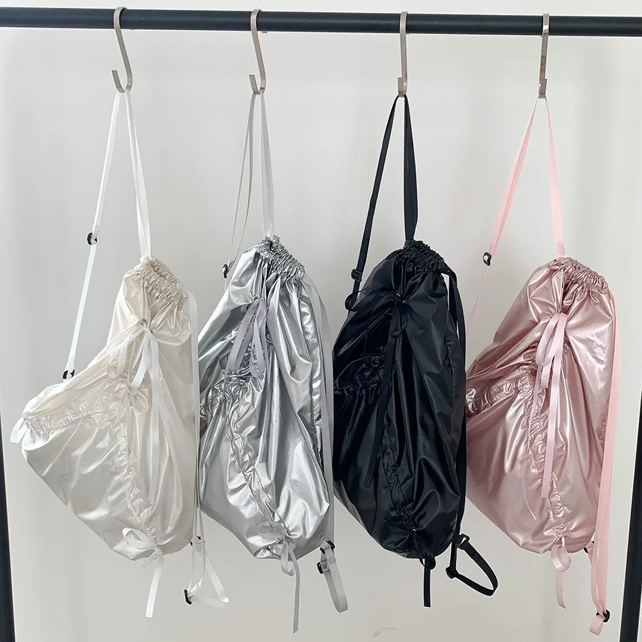 Korean New Thin Belt Drawstring Bow Knot Nylon Backpack Fashion Summer Travel Women Backpacks Causal Spicy Girl Y2k Backpack