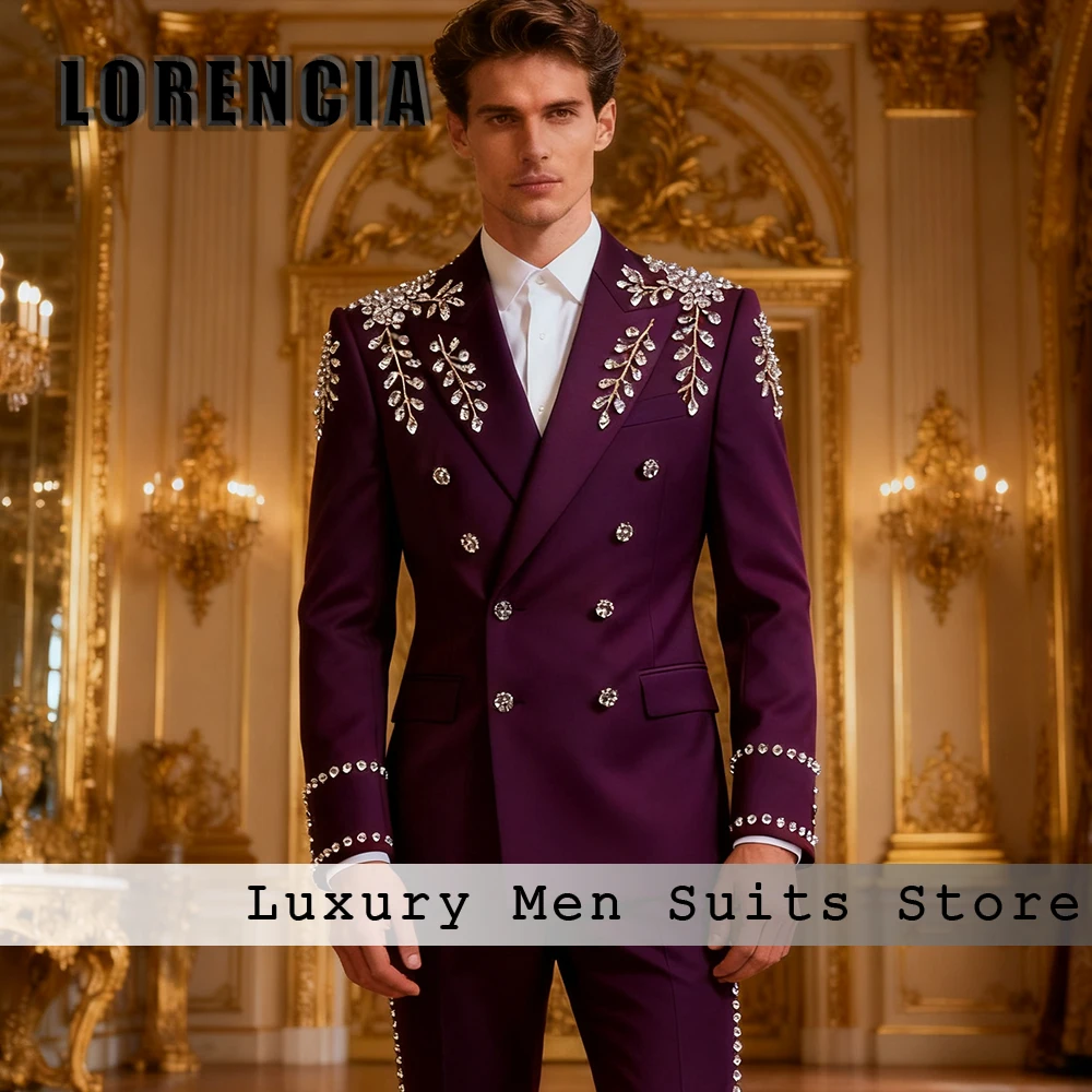 Sparkly Rhinestone Suits for Male 2 Pieces Double Breasted Wedding Groom Tuxedos Set Customized Blazer Pants roupas masculinas