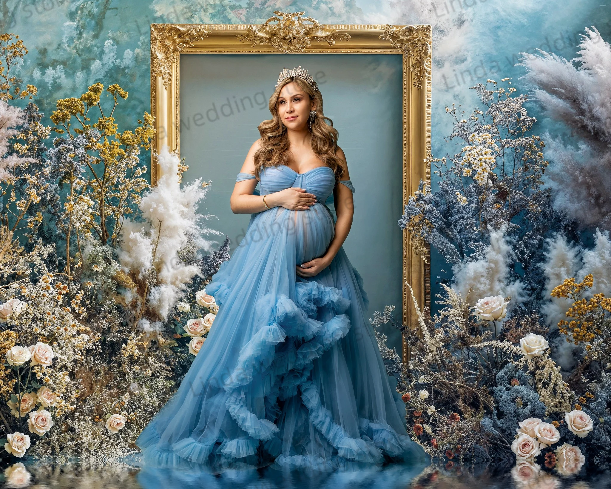 Vestido de maternidad azul cielo para mujer, hombros descubiertos, vestido de fiesta de graduación, volantes, plisado, sin mangas, accesorios de fotografía para baby shower embarazada