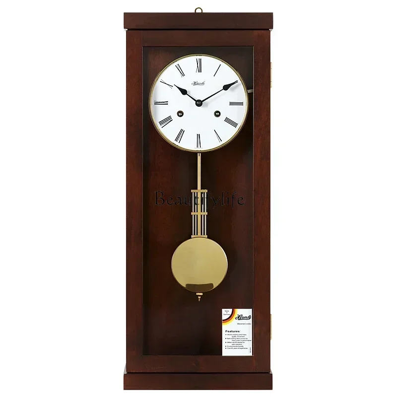style  Living room mechanical pendulum clock solid wood simple square wall hanging retro timepiece ss 8617