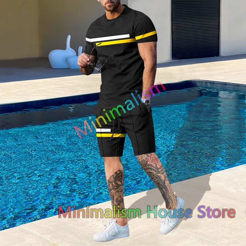 Zomer mode herenpak casual strandshorts set streep bedrukte T-shirt met korte mouwen sport 2-delige set outfits herenkleding