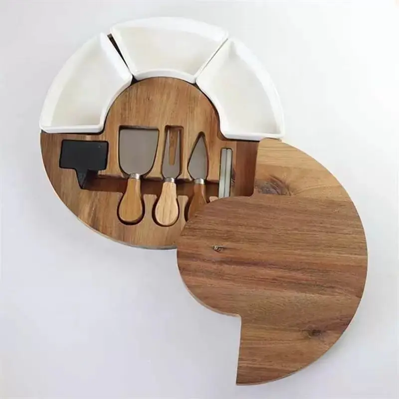 360° Rotating Round Cheese Board Set, Acacia Wood Charcuterie Platter with Serving Bowls & Cheese Knives for Home Party