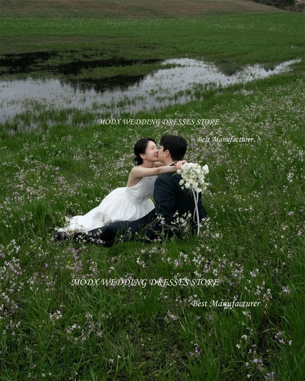 MODX Eenvoudige A-lijn Koreaanse trouwjurk Fotoshoot Halter Vloerlengte Taffeta  soi Archiv Allaoses Novias Boda Bruidsjurk