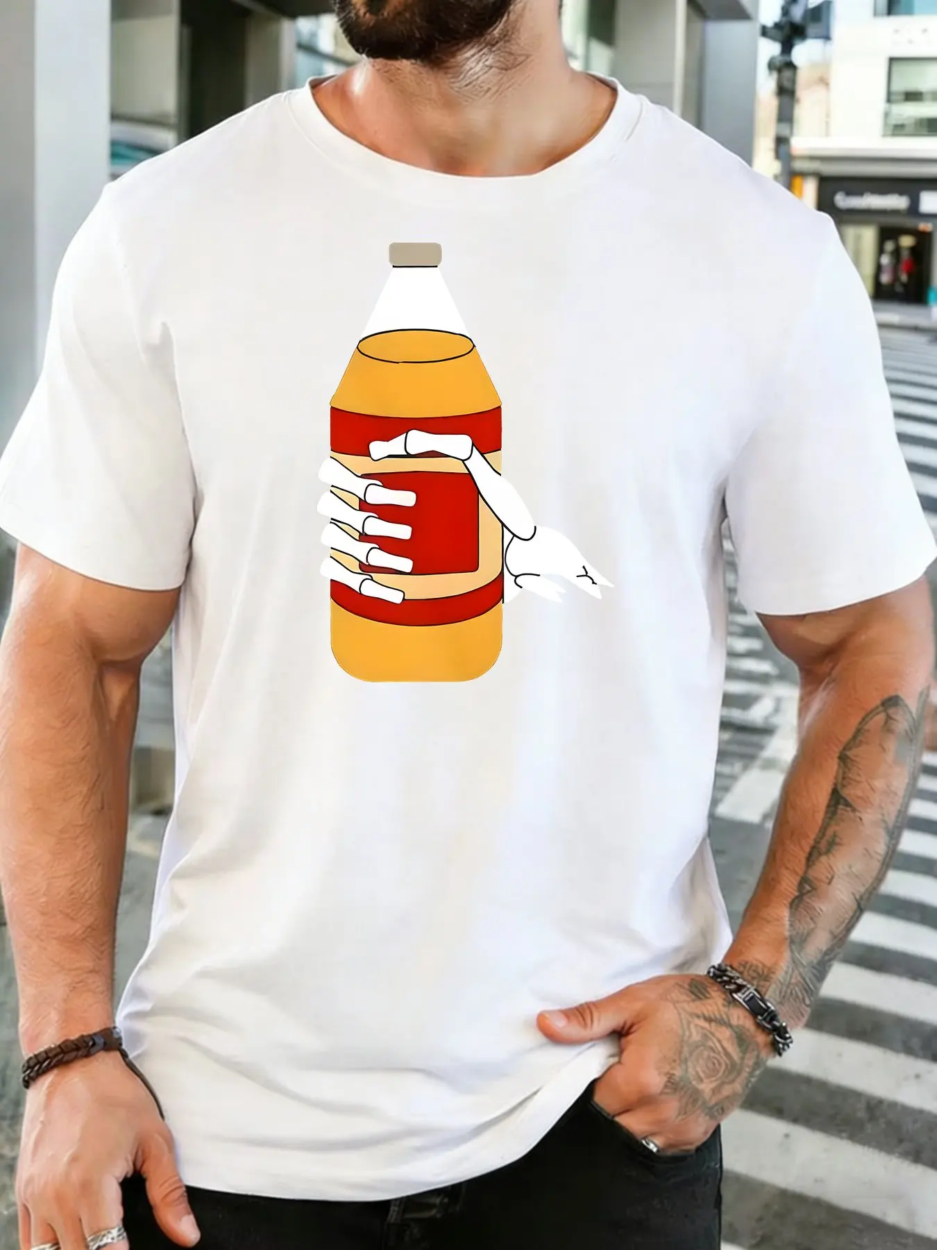 Men Cotton Tee Skeleton Wine Bottle Print Round Neck Short Sleeve Loose Summer Streetwear Unisex Soft Bar Party Daily Casual Top
