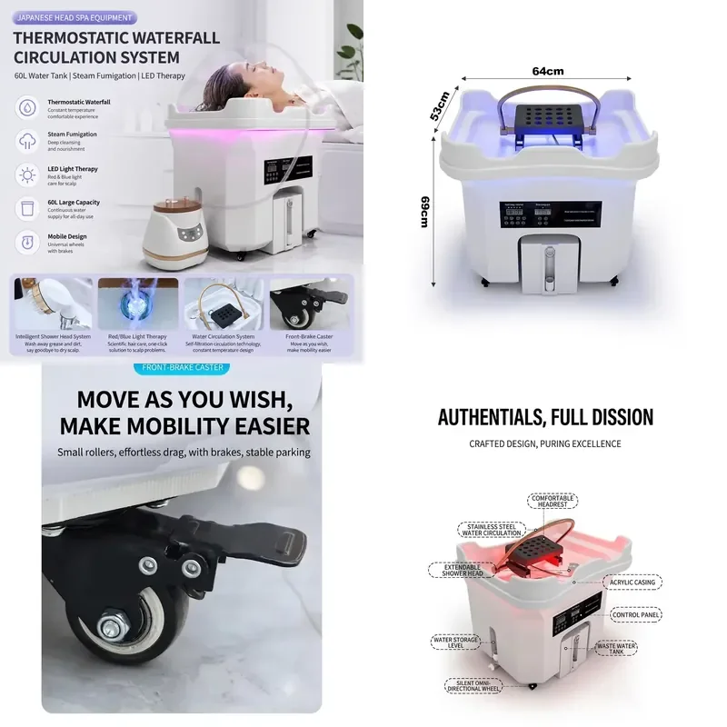 for Japanese Head Treatment Equipment with Constant Temperature Waterfall Circulation 60L Water Tank Mobile Shampoo Basin