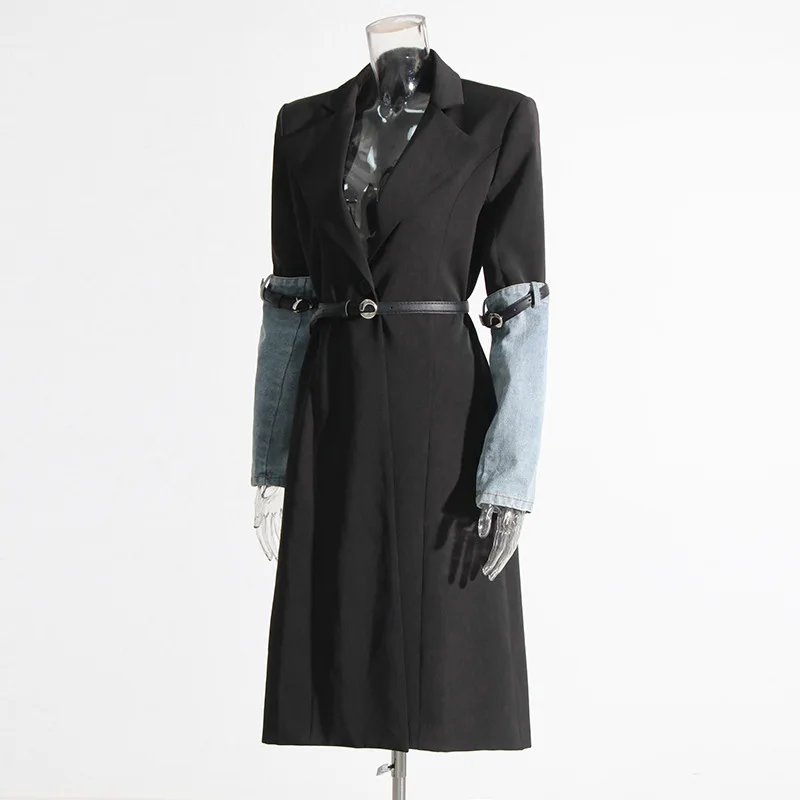 ZAMOR Fashion Commuter Waist-Cinching Slimming Long Women Outerwear 2026 New Unique Color Block Denim Trench Coat