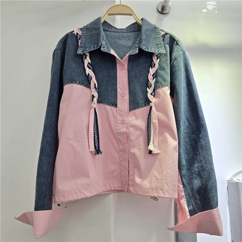 

SuperAen Весна 2026: Новые женские модные джинсовые рубашки с длинными рукавами, в стиле пэчворк, с контрастными вставками, нежно-розовые топы