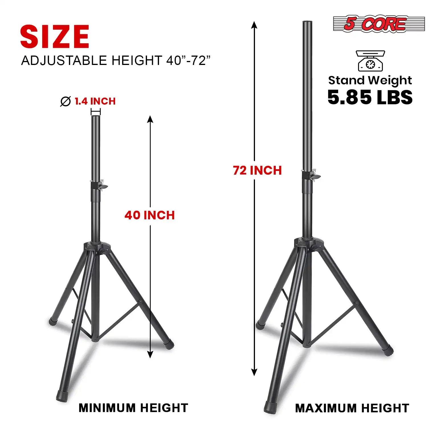 5 Core Speaker Stand Tripod Tall Adjustable 72 Inch DJ Pole Mount Studio Monitor Stands SS HD 1PK BLK WOB