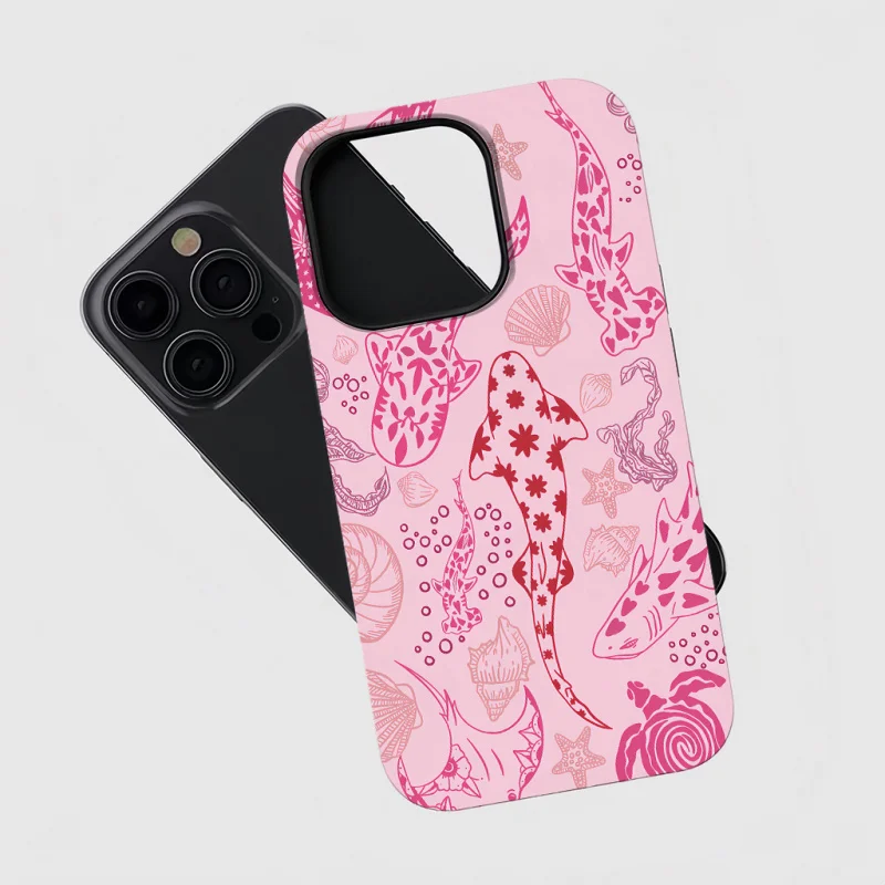 Pink marine life illustration Phone Case for iPhone17 17Air 16ProMax 16e 15 14 14 12mini 7Plus XR 2in1 tough glossy case