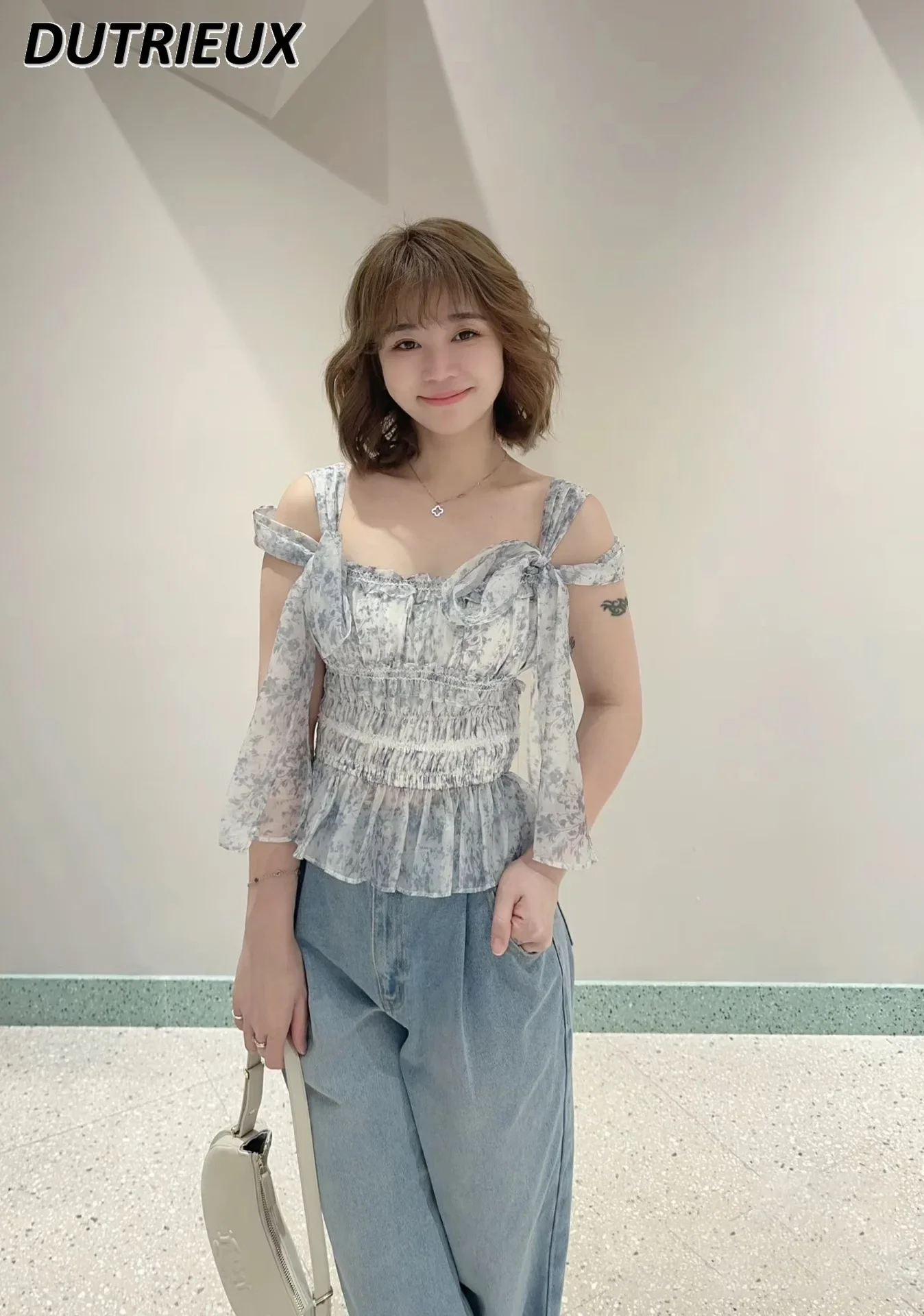 Summer New Bow Lace-up Fairy Tulle Ribbon Top Sweet Girl Blouse Off-Shoulder Sling Short Chiffon Slimming Shirt for Women