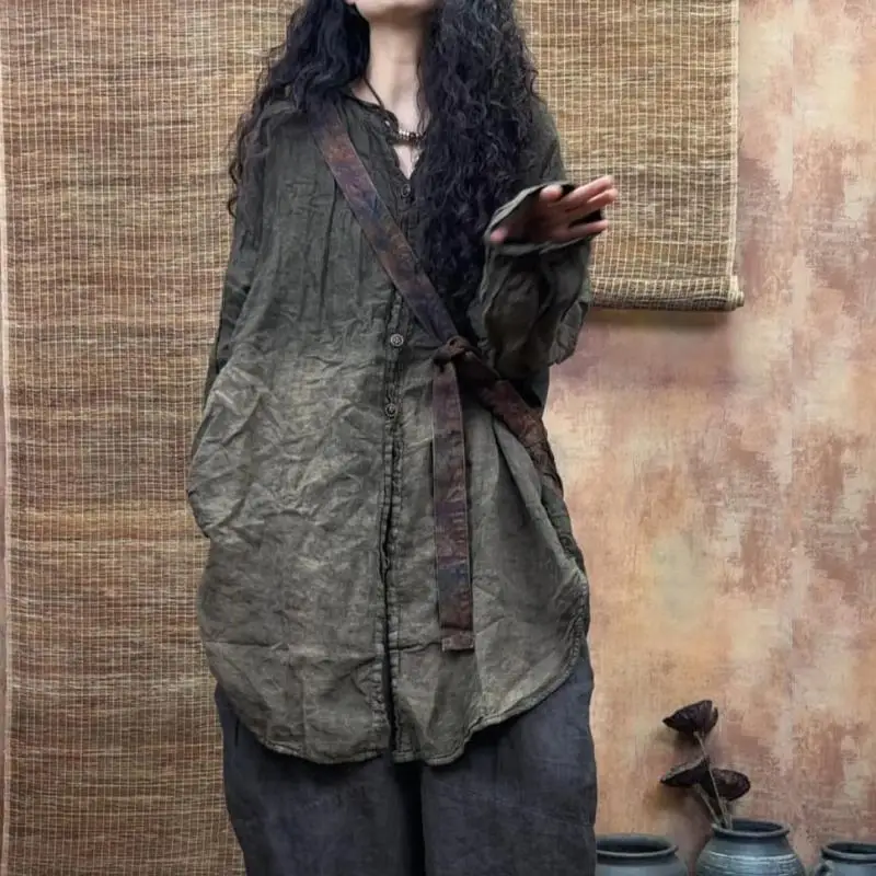 الربيع الصيف الفنون نمط المرأة واحدة الصدر فضفاضة منتصف طول بلوزة خمر التعادل صبغ الكتان س الرقبة قمصان غير رسمية نوعية جيدة #2