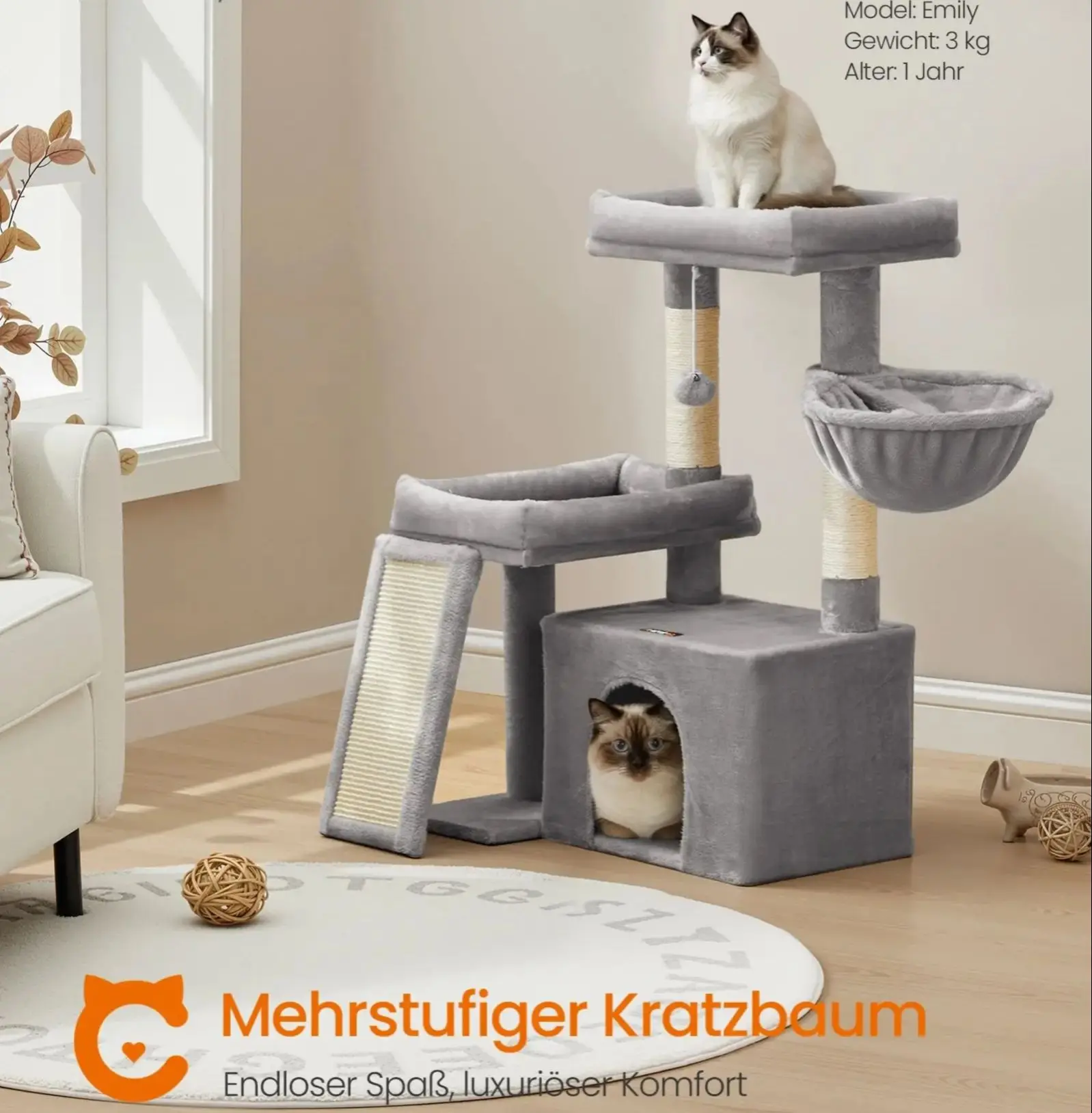 FEANDREA Katzenkratzbaum mit Höhle, Kratzbaum mit Rampe und Körbchen, 2 große Plattformen