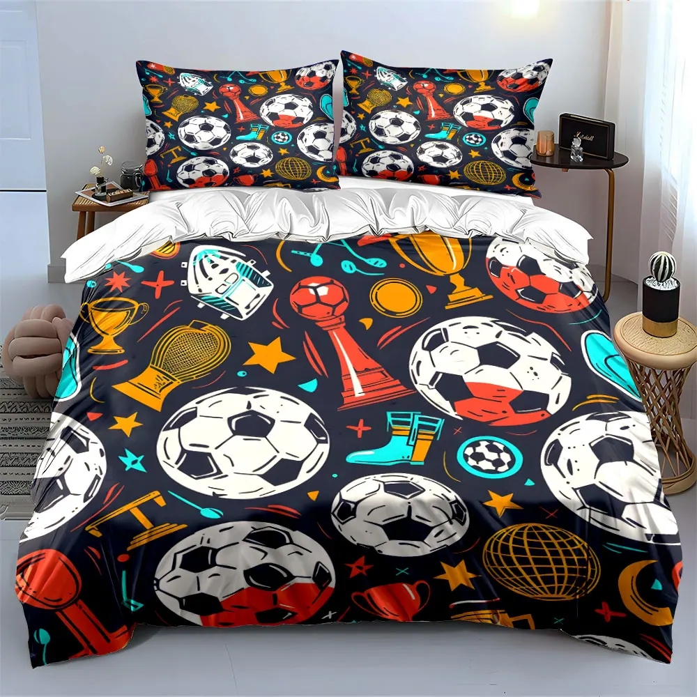 Fun Soccer and Trophy Patterns Printed Duvet Cover Set 1 Duvet Cover+2 Pillowcase Multi Size Bedroom Bedding Decoration