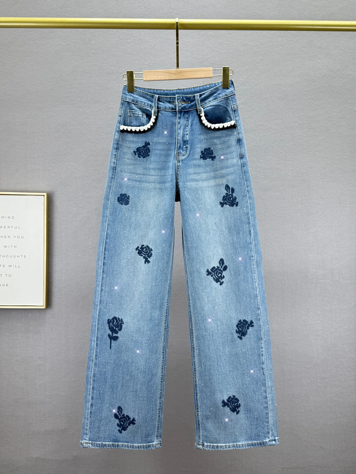 

Retro Embroidered High Waist Straight Leg Jeans Women's Spring 2026 New Loose Slimming Diamond Heat Transfer Floor-Length Pants