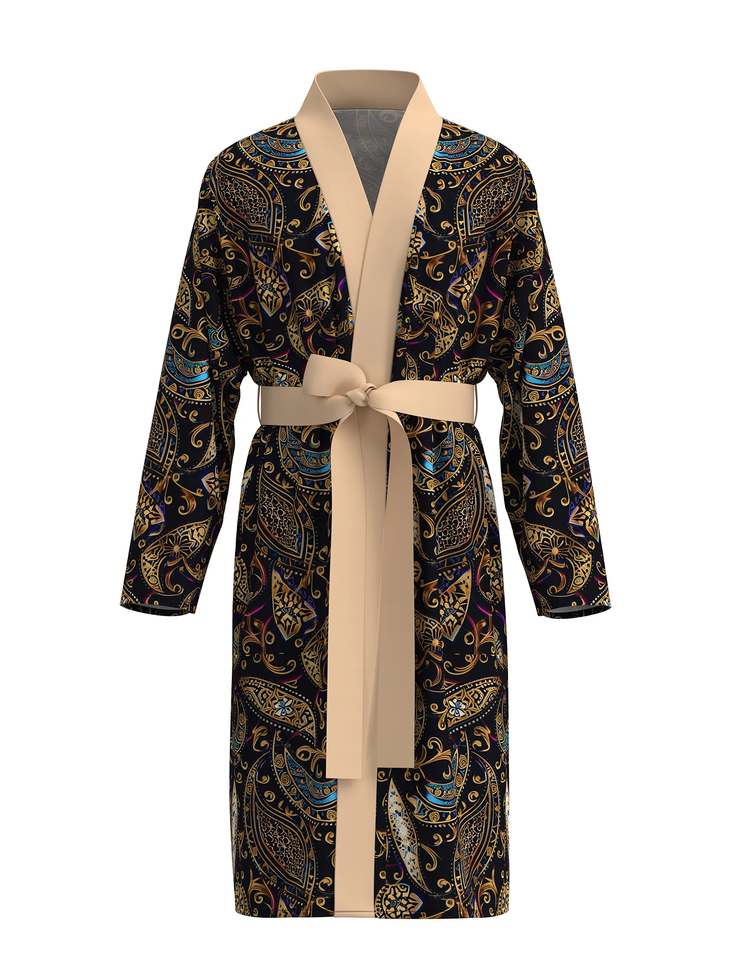 

Men's 3D printed bathrobe, retro golden Perris pattern, skin-friendly, quick-drying, spring and autumn thin style with belt