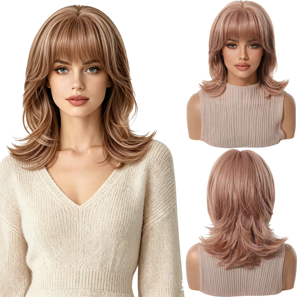 Smoky Pink Wigs with Bangs Shoulder Length Layered Synthetic Wig For Women Cosplay Halloween Party Daily Wear Heat Resistant