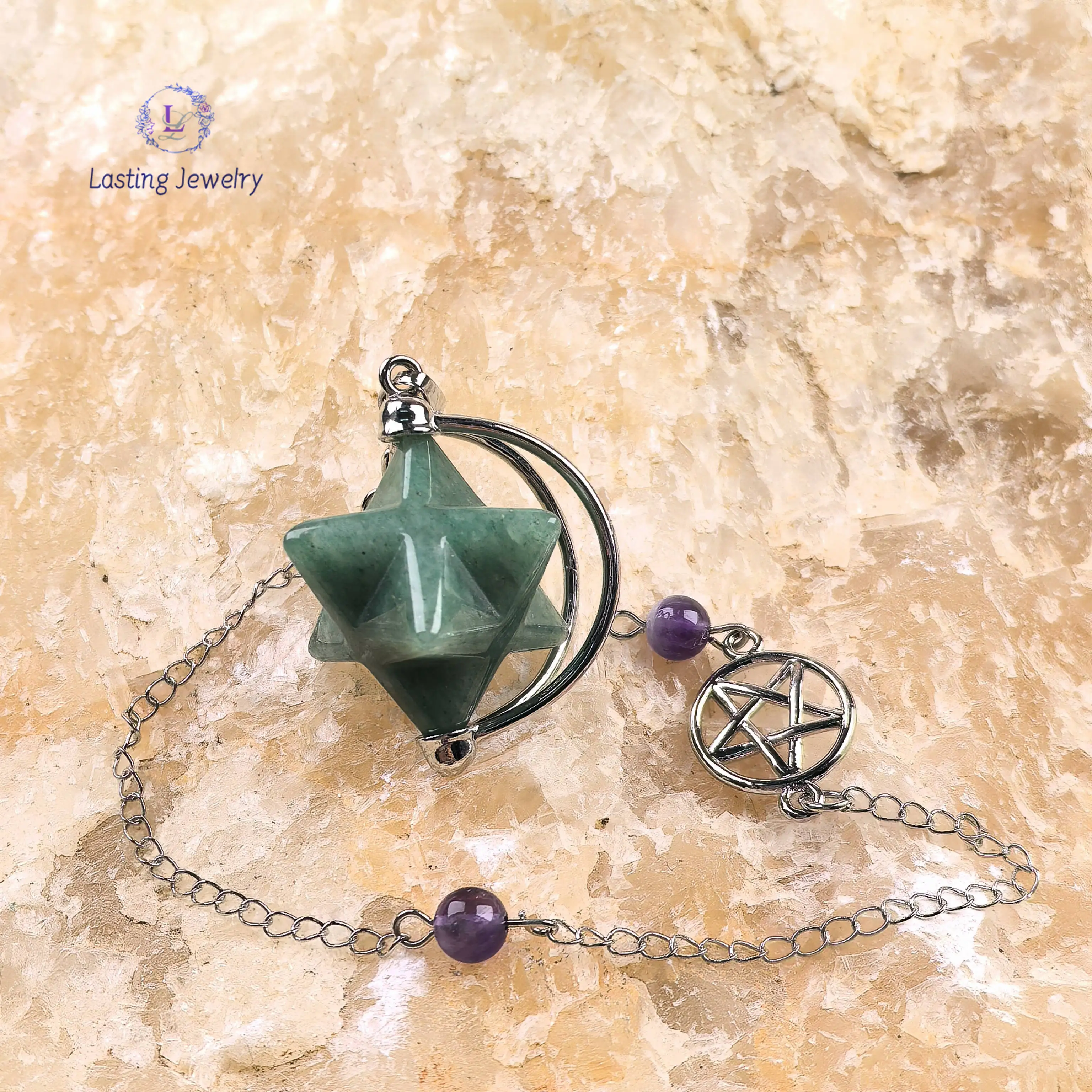 Merkaba Star Chakra Crystal Pendulum Pendants Natural Stone Amethyst Aventurine Obsidian Divination Dowsing Pendule Pendulos
