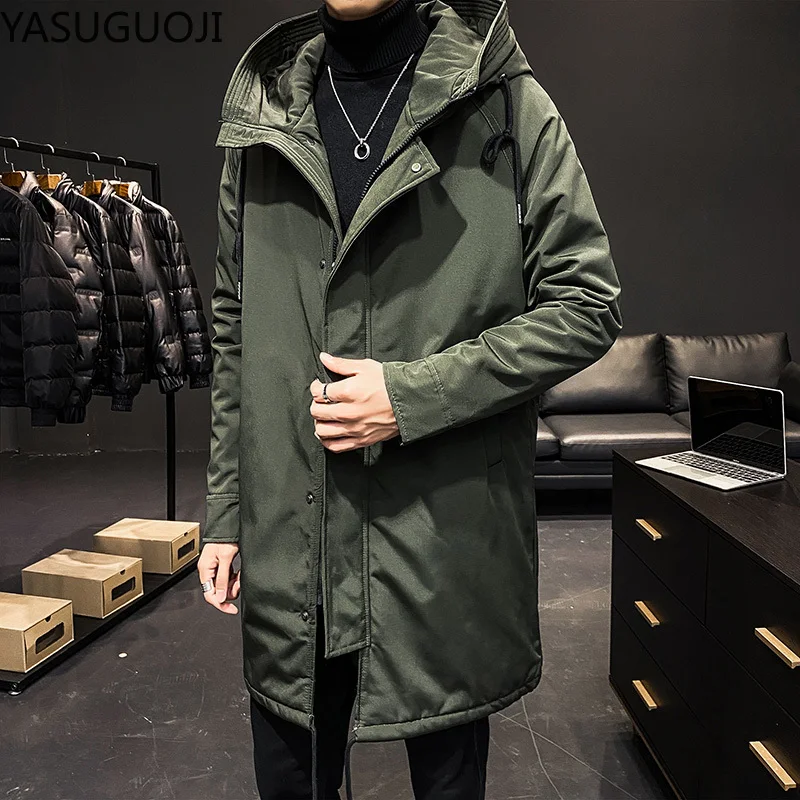 YASUGUOJI Mens Autumn and Winter Thicken Hooded Windbreaker 2024 Military Army Green Long Jacket Male Denim Trench Coat For Men