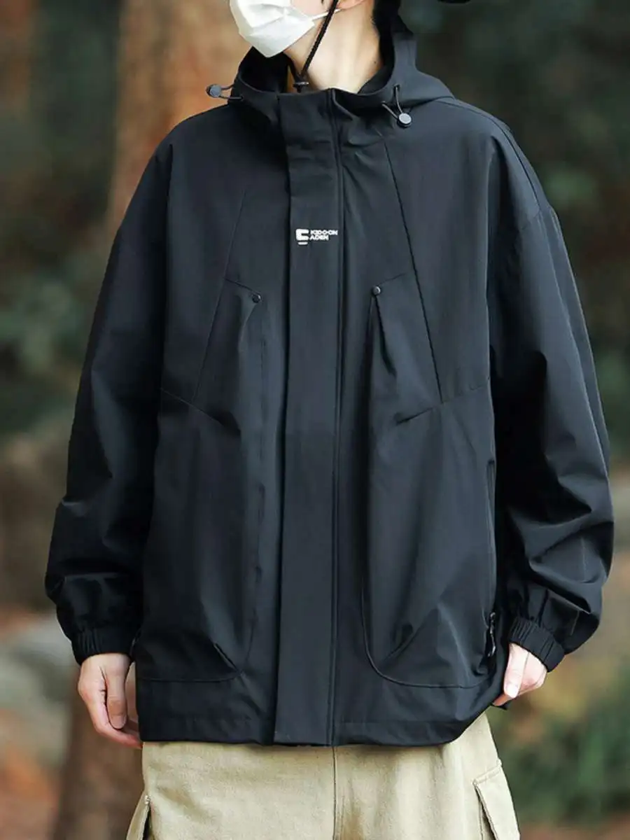 

Men's Windproof Hooded Jaet Outdoor Climbing Casual Loose Fit Spring Autumn Youth Trendy Cotton Blend Thiened PU Coat