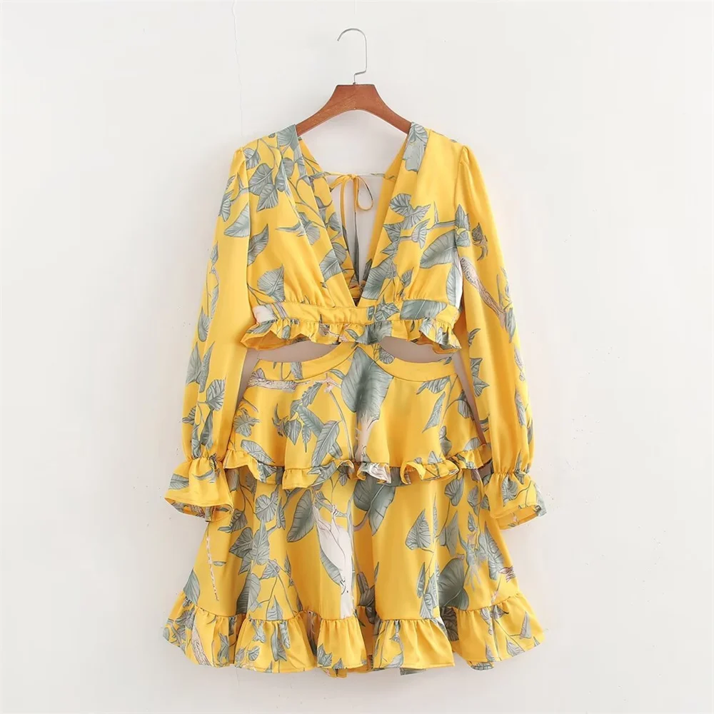 

Taop&Za Autumn New Product Women's Fashion and Leisure V-neck Long sleeved Bareback Color Ding Stacked Printed Dress