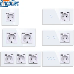 EU Standard Single Power Socket Touch Switch Crystal Panel USB Double Outlet Triple Wall Sockets 1/2/3gang Switch With Socket