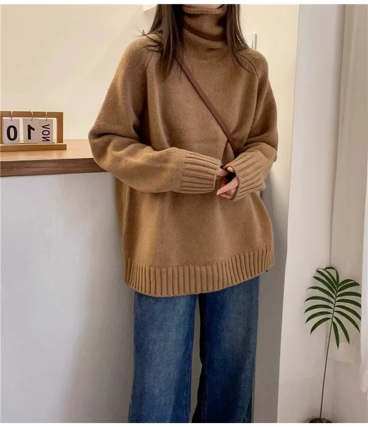 Red Turtleneck Cashmere Sweater for Women, Loose Pullover, Thick, New Year, Lazy Wind, European Goods, 100%, Autumn and Winter