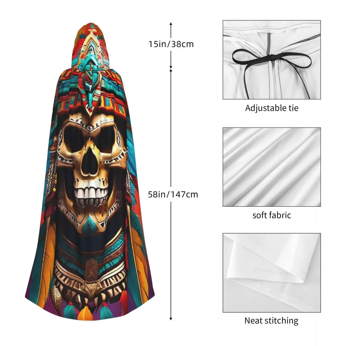Capa larga con capucha de calavera azteca 7, disfraz Medieval de bruja, capa de Cosplay, abrigo de Halloween para adultos, Unisex