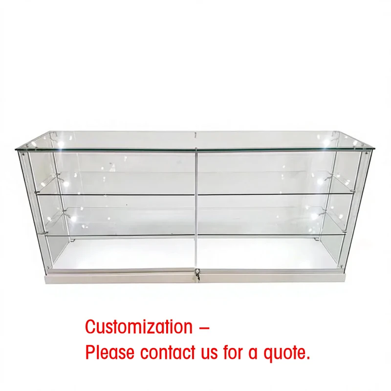 custom.White Retail Glass Display Cabinet Chain  with 2 Adjustable Glass Shelves on Poles