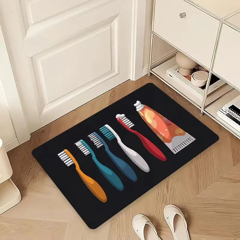 Colorful Toothbrush and Toothpaste Print Doormat Dental Hygiene Themed Non Slip Floor Mat