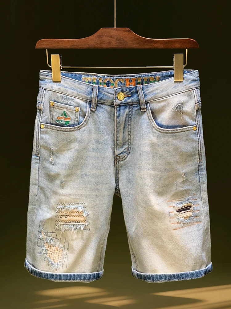 

Ретро американские прямые брюки, мужские летние новые джинсы с пятью точками, модные элитные повседневные эластичные брюки средней длины с дырочками